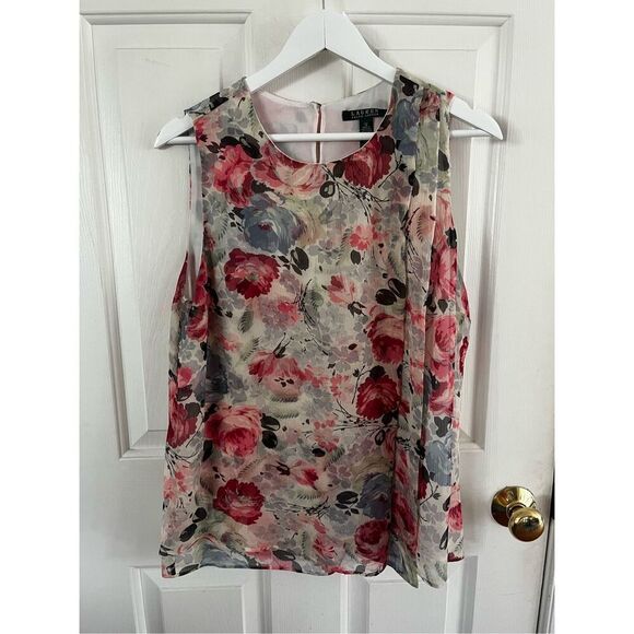 Lauren Ralph Lauren Pink & Blue Floral Gathered Shoulder Tank Sleeveless Blouse - Picture 1 of 7
